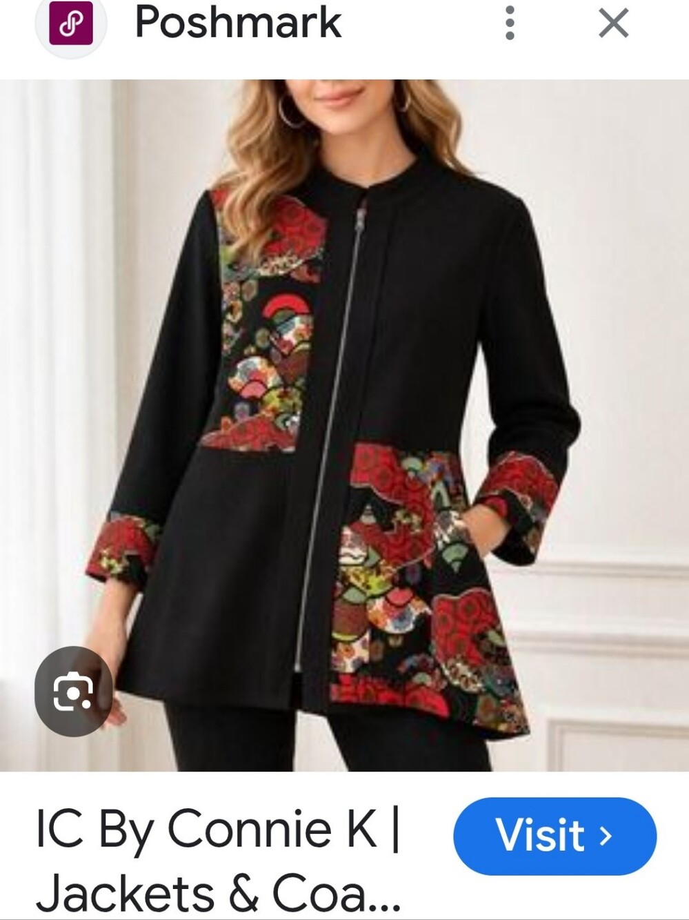 "IC by Connie"  Black Zip-Front Jacket W/ Red Patterned Panels. Sz.XL, MSRP:$200